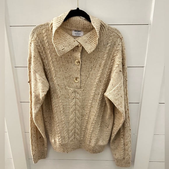OLD NAVY MT Exaggerated button collar tan speckled woman cozy wool blend sweater - Picture 2 of 13